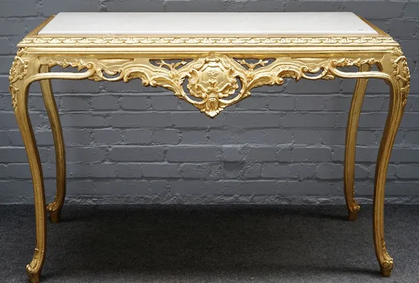 An 18th century style marble top console on carved gilt base, 130cm wide x 87cm high.