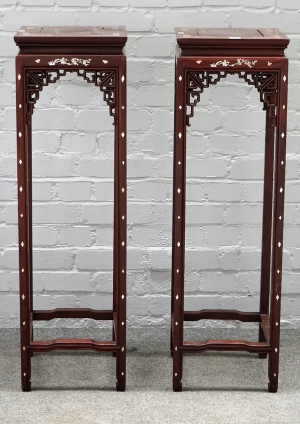 A pair of early 20th century Chinese mother-of-pearl inlaid hardwood square jardiniere stands, 31cm wide x 102cm high.