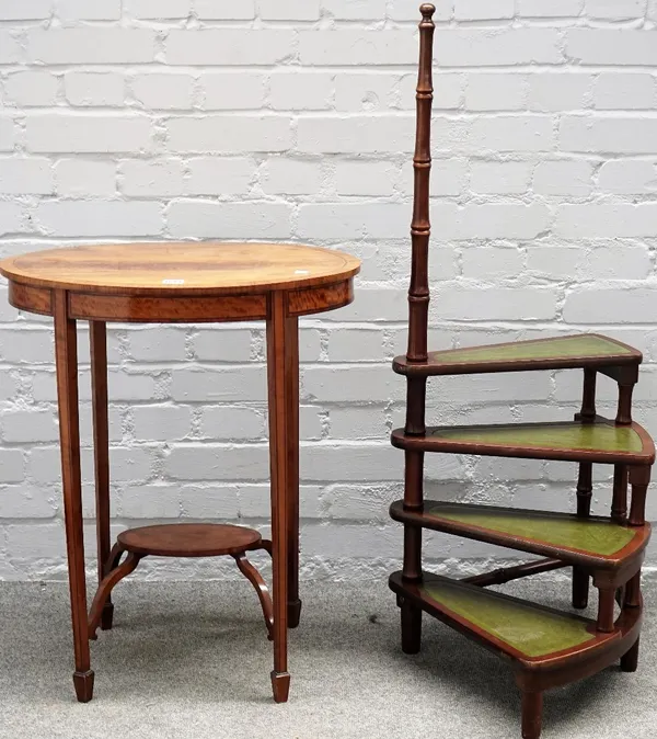 An Edwardian rosewood banded satinwood, oval occasional table, on tapering square supports, 59cm wide x 70cm high, together with a set of 20th century