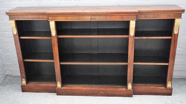 A 19th century rosewood breakfront floor standing open bookcase, with gilt acanthus mounts, 182cm wide x 101cm high.