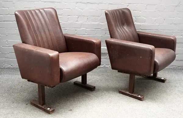 A pair of mid-20th century cinema square back chairs on box metal supports, 65cm wide x 79cm high.