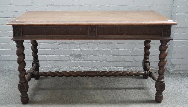 A 19th century oak rectangular centre table with pair of frieze drawers, on barley twist supports, 143cm wide x 79cm high.