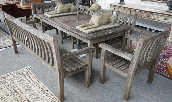 P J Bridgman & Co; a suite of hardwood garden furniture to comprise rectangular table 90cm wide x 181cm long, bench 183cm wide, two armchairs 65cm wid