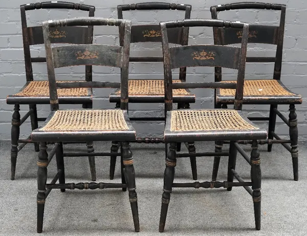 HITCHCOCKS CONNECTICUT, a set of five 19th century parcel gilt black lacquer dining chairs on turned supports, makers name to back of seat, 44cm wide