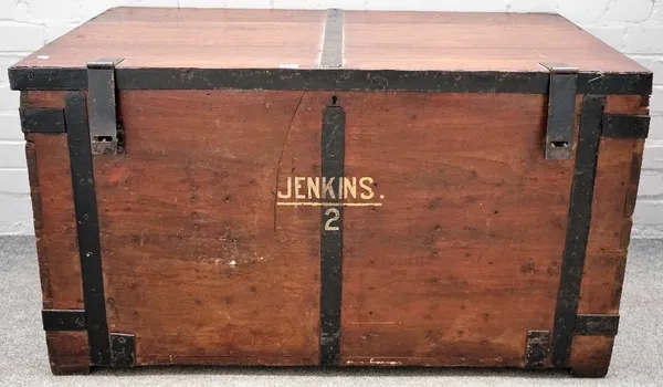 An early 20th century iron bound teak zinc lined travelling chest, 110cm wide x 62cm high.