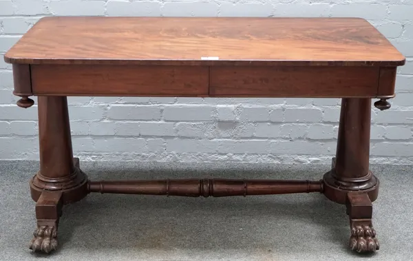 A George III mahogany two drawer rectangular centre table, on turned supports and carved paw feet, 127cm wide x 71cm high.