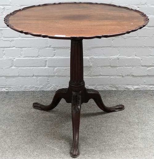 An 18th century later carved mahogany pie-crust snap top tripod table, 81cm diameter x 71cm high.