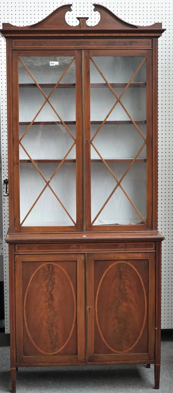 An Edwardian inlaid mahogany display cabinet cupboard, on tapering square supports, 96cm wide x 224cm high.