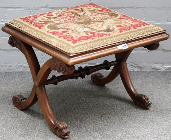 A Victorian walnut square footstool on 'X' frame support, 54cm wide x 41cm high.