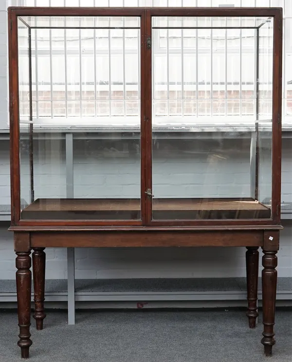 A pair of large 19th century mahogany rectangular museum display cases, on turned supports, 149cm wide x 195cm high.