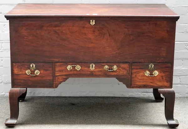 A 19th century Anglo-Indian hardwood mule chest, the lift top over three frieze drawers on square cabriole supports, 122cm wide x 84cm high.