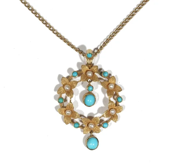 A turquoise and seed pearl-set pendant necklace, of circular openwork flowerhead design suspending two turquoise drops, suspended from a 9ct gold trac