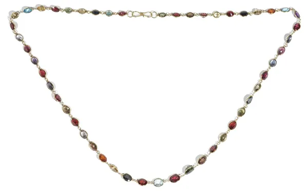 A precious yellow metal and coloured gemstone set necklace, of graduated design, set throughout with oval-cut gemstones, 11gms, the clasp detailed 585