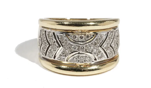 An 18ct yellow gold and diamond-set dress ring of tapered plaque design, pave-set with circular-cut diamonds between two raised gold bands, ring size