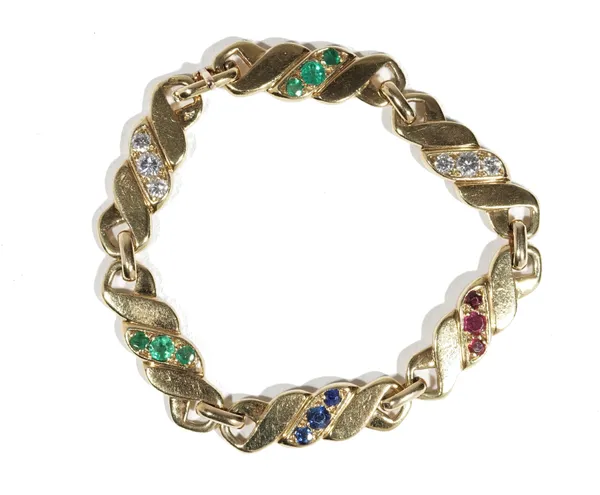 A gold, emerald, sapphire, ruby and diamond-set bracelet, by M Gerard, composed of six stylised rope-twist links each set with three circular-cut gems