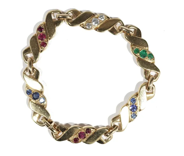 A gold, emerald, sapphire, ruby and diamond-set bracelet, by M Gerard, composed of six stylised rope-twist links each set with three circular-cut gems