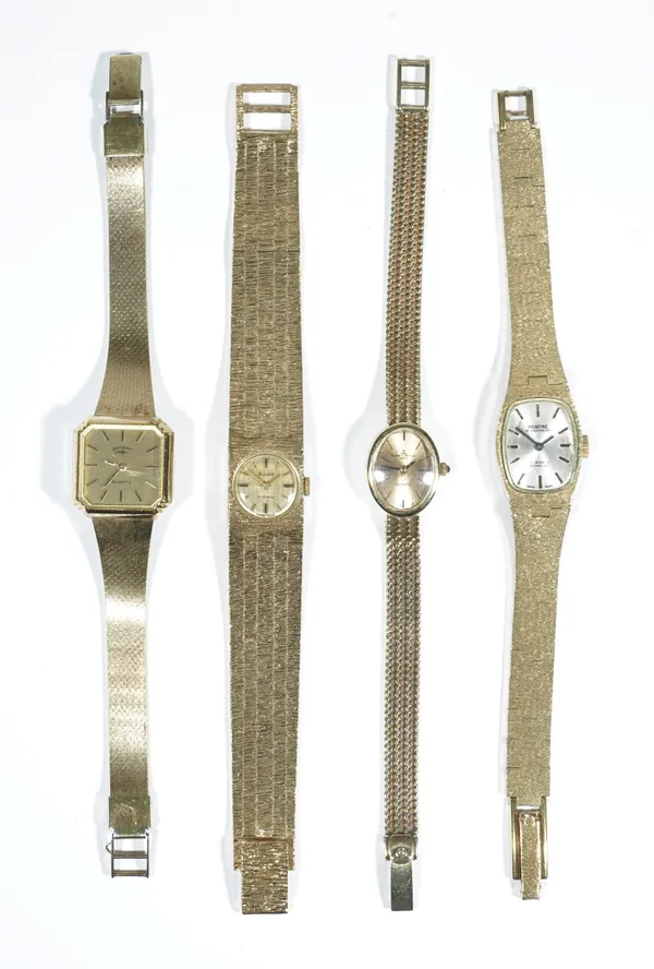 Baume & Mercier; a lady's 14ct gold bracelet wristwatch, the oval gilt metal dial, with baton indicators, to a quartz movement, on a textured gold bra