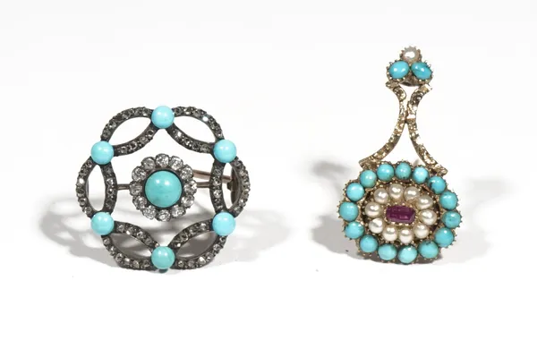 A late 19th/early 20th century turquoise and diamond set brooch, of circular openwork design, set in silver and gold, with pin fitment; and a pink gem