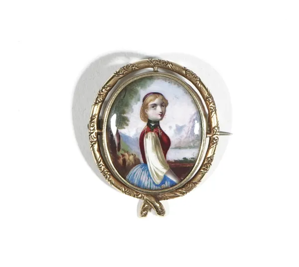 A 19th century continental enamelled brooch, the oval plaque enamelled in colours with half-length portrait of a lady in profile, against a mountainou