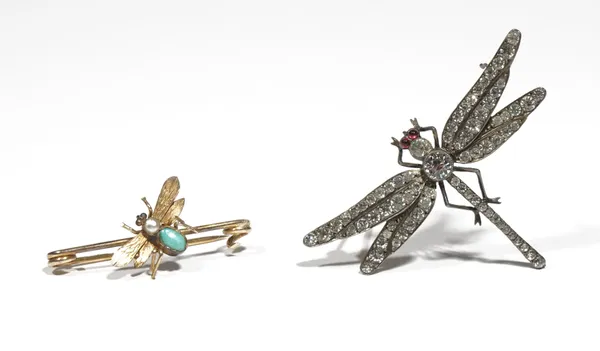 A yellow precious metal, seed pearl and turquoise set bar-brooch designed as a bee in flight, length 3.5cm; and a silver and coloureless paste set bro