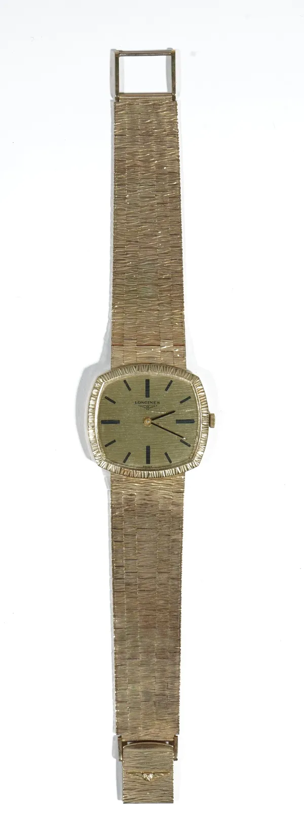 Longines; a gentleman's 9ct gold bracelet wristwatch, the textured gilt metal dial rounded rectangular dial, with baton numeral  indicators, to a 17 j