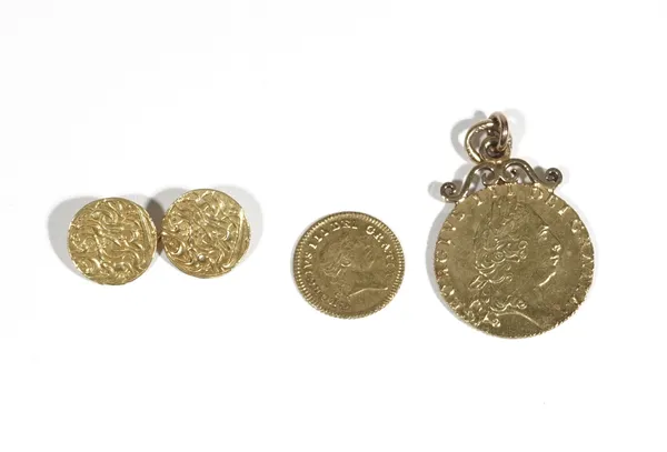 A George III spade guinea, 1793, later converted to a pendant; a George III third guinea 1804; and two Islamic gold coins later converted to a cufflin