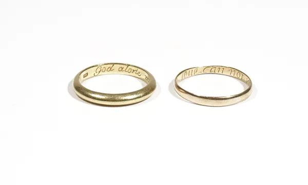 A yellow precious metal band ring, inscribed to the inner band 'God alone made us two one' and detailed IW, ring size P, 4.8g; and another smaller exa