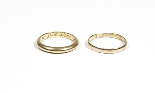 A yellow precious metal band ring, inscribed to the inner band 'God alone made us two one' and detailed IW, ring size P, 4.8g; and another smaller exa