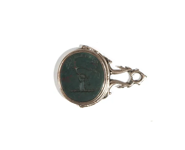 A late 18th/early 19th century blood stone-set swivel fob seal, intaglio carved with a classical bust to one side and crest and motto to the other, in