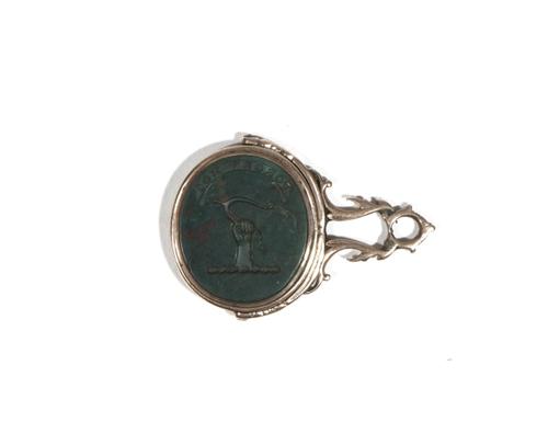 A late 18th/early 19th century blood stone-set swivel fob seal, intaglio carved with a classical bust to one side and crest and motto to the other, in