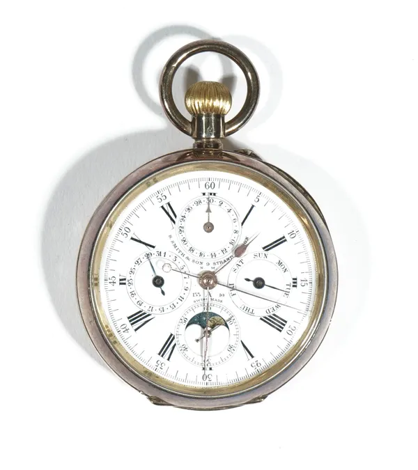 A silver gilt cased keyless wind pocket watch, retailed by S Smith & Son, 9 Strand, London, the white enamelled dial with Roman numerals and four subs