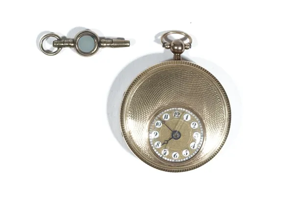 A French gold cased fob watch circa 1820, the engine turned dial, with subsidiary white enamelled highlighted dial and with Arabic numerals, to a key