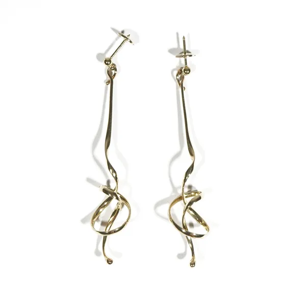 A pair of 18ct gold pendant earrings, of elongated scrolled design, the tops with post fittings, 7g gross.