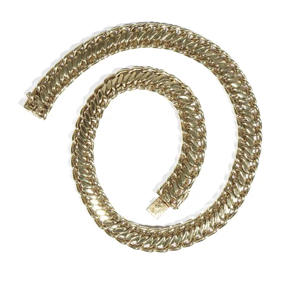 A gold collar necklace, of interlinking design, to a concealed box and tongue clasp, detailed 750 and safety clip, length 41cm, 54.1g gross.