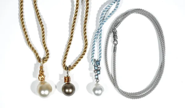 A collection of three 18ct gold, cultured pearl and gem-set interchangeable pendant necklaces by Autore, comprising grey cultured pearl, citrine and d