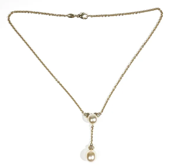 A 18ct gold, cultured pearl and diamond set pendant necklace by Autore, the central cultured pearl between two collet-set circular-cut diamond links,