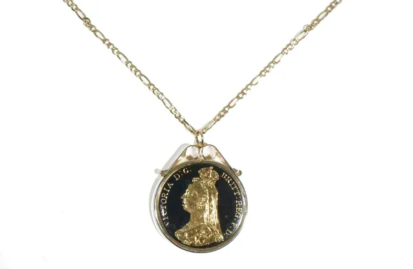 A 9ct gold figaro link neckchain, weight 7.6 gms, length 60cm, with a silver gilt mounted lacquered crown pendant 1889 Victoria Jubilee head issue.