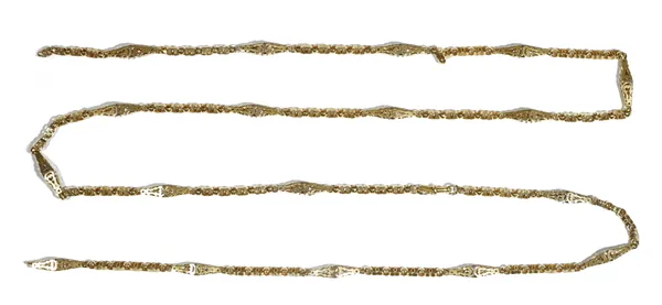 A Victorian twin circular and tapered pierced baton link long chain, having a swivel clasp, (chain broken), length 130cm, weight 49.5 gms.