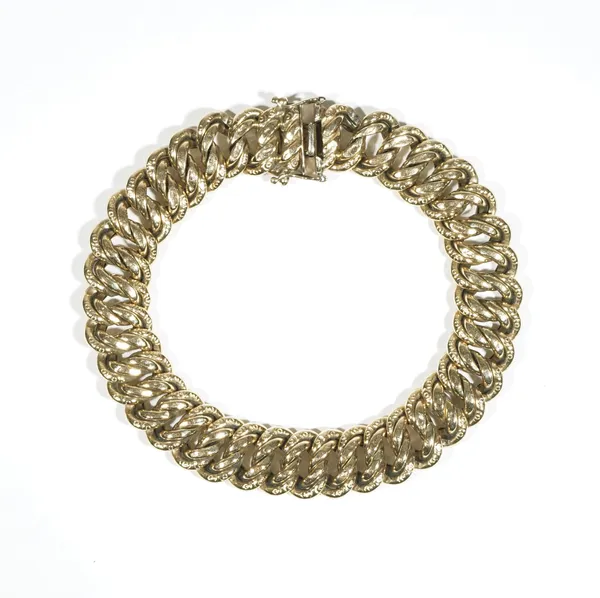 A 9ct gold decorated and plain multiple link bracelet, on a snap clasp, weight 26.6 gms.