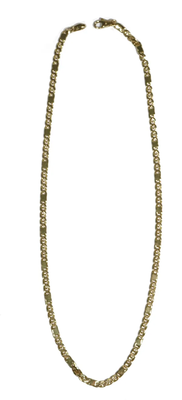 A gold faceted link neckchain, detailed 585, on a sprung hook shaped clasp, weight 17.3 gms, length 50.5cm.