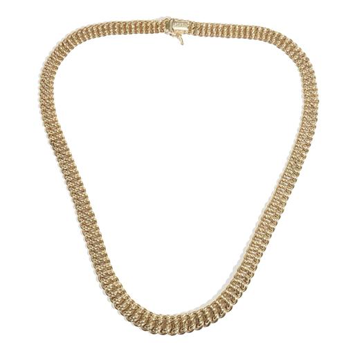 A 9ct gold interwoven link collar necklace, on a snap clasp, weight 33.4 gms, length 46cm.