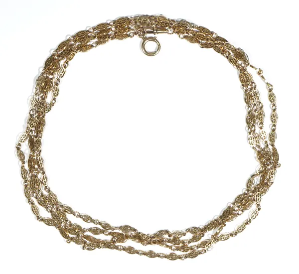 A gold long guard muff chain, in a pierced oval and circular link design, fitted with a gold boltring and a swivel, weight 56.7 gms, length 192cm.