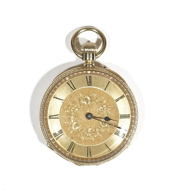 A gold cased, keyless wind, openfaced lady's fob watch, with a gilt jewelled movement, detailed within the caseback 18 K, the gilt dial with black Rom