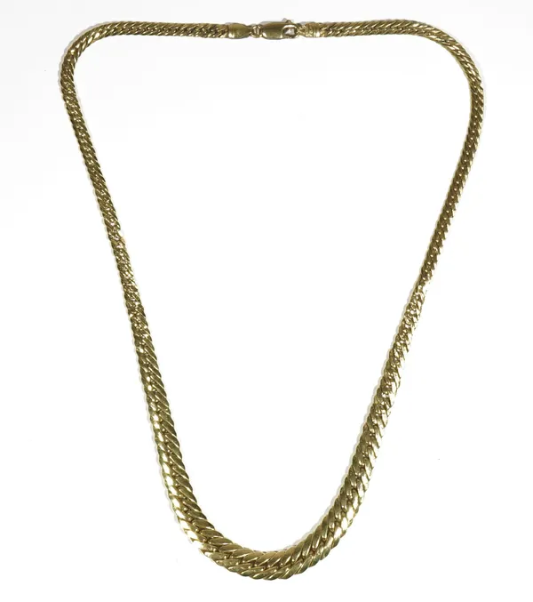 An 18ct gold necklace, in a graduated flat twist link design, on a sprung hook shaped clasp, weight 12.6 gms, length 43.5cm.