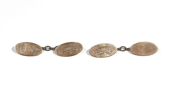 A pair of 9ct gold oval cufflinks, the fronts monogram engraved connected by base metal oval link chains, Birmingham 1921, combined gross weight 5.4 g