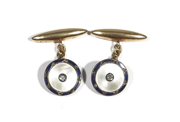 A pair of gold, diamond set, blue enamelled and mother-of-pearl cufflinks, each circular mother-of-pearl front centred by a cushion shaped diamond, th