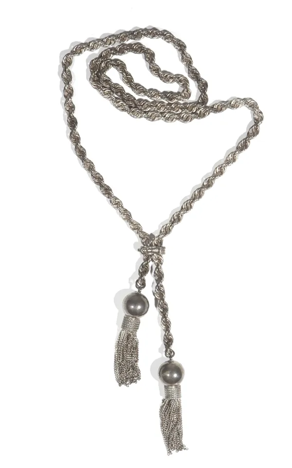 A silver pendant necklace, in a ropetwist chain link design, the front with two pendant tassel drops, with spherical surmounts, detailed Mexico, weigh