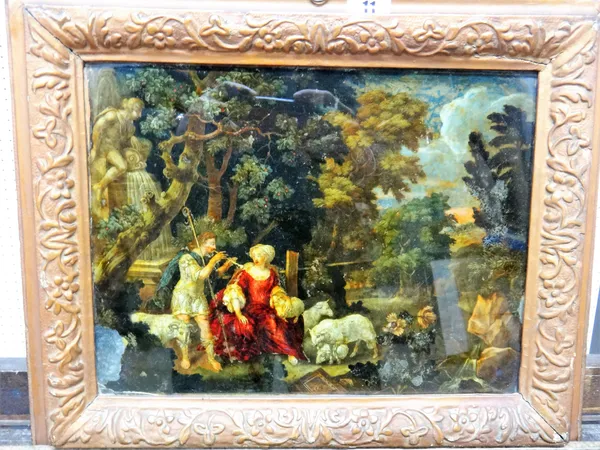 French School (c.1800), Classical figures and sheep by a woodland spring, colour transfer engraving on glass, 25.5cm x 33cm.