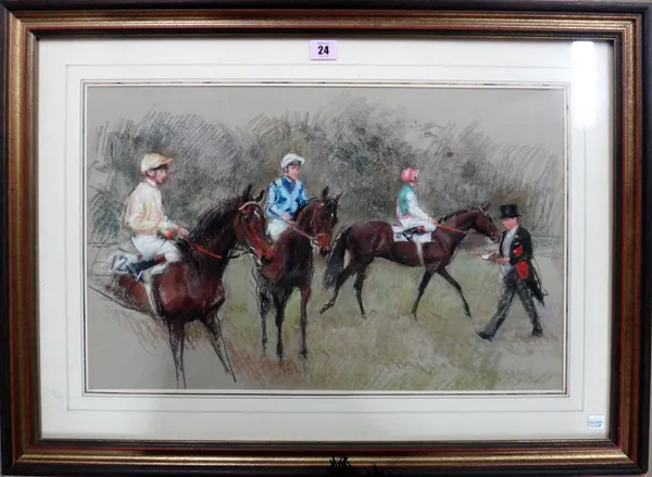 ** Forster, Preparing for the race, pastel, indistinctly signed, 35cm x 55cm.