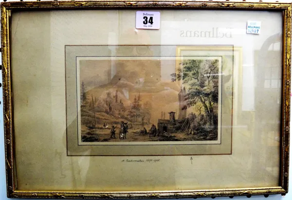 Manner of Abraham Rademaker, landscape with figures, pen, ink and grey wash, 10.5cm x 18cm.